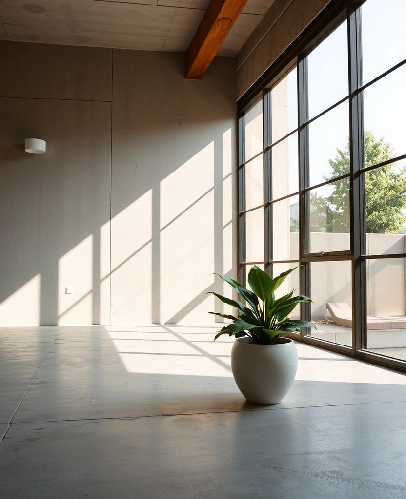 Intérieur minimaliste avec sol béton et fenêtres industrielles